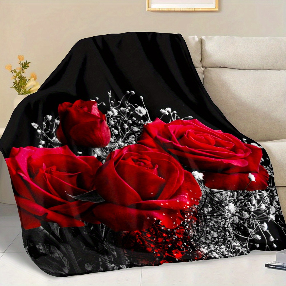 ふわふわ 1枚 赤いバラ 花柄プリント ホワイトスロー ハナダイ ソファ