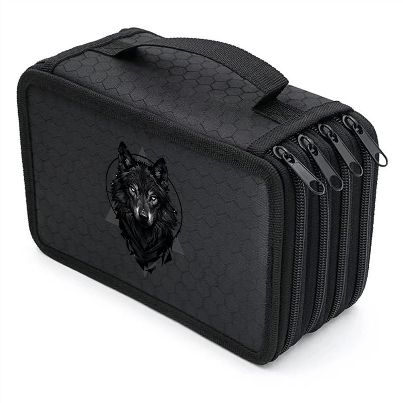 TEMU 1pc Large Capacity Four-layer Pen Case, Wolf Print Portable Stationery Storage Bag, Multi-pocket Pencil Pouch With Handle, Multifunctional
