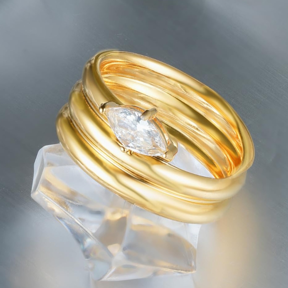 Golden-Tone Multi-Band Solitaire Ring, Luxury Statement