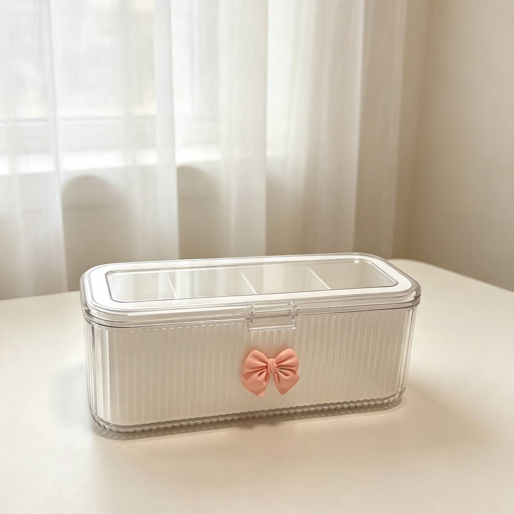 TEMU 1pc 4-grid Cosmetic Storage Box, Cute Pink Bow Storage Case, Large Capacity Transparent With Lid Makeup Organizer, Suitable For Bathroom,