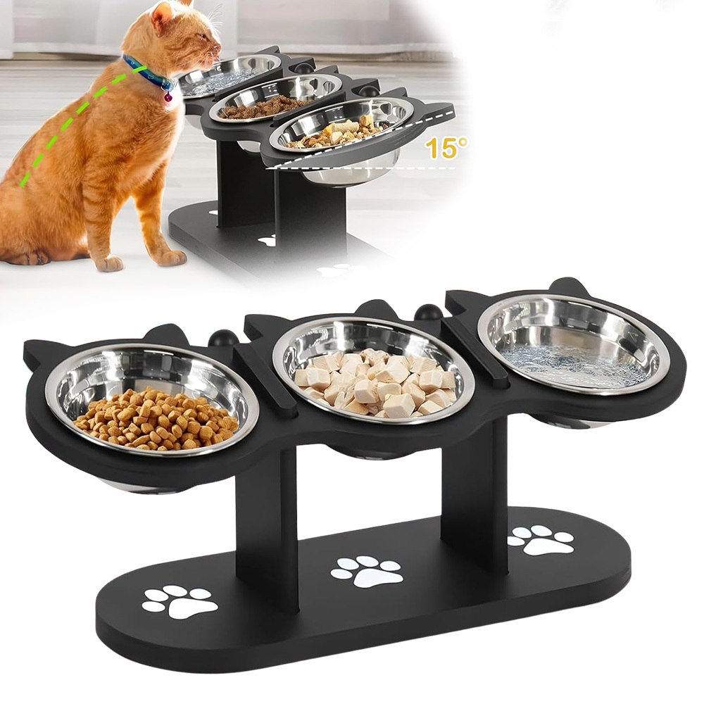 Elevated Wooden Pet Feeding Station With A Water Bowl Holder, Designed In Black For Cats And Dogs