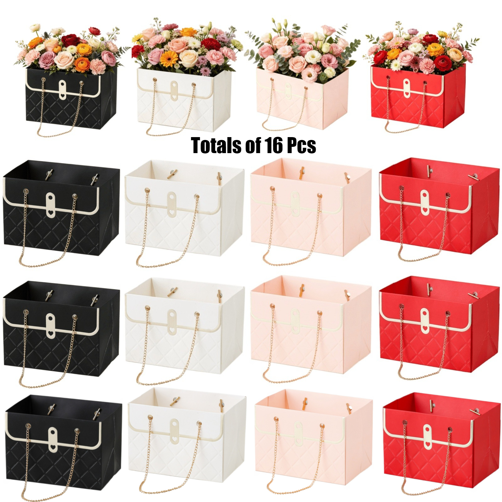 TEMU 16pcs Foldable Handheld Floral Box, Paper Material, Assorted Colors, Diamond-pattern Chain Gift Bag, Creative Floral Packaging Box With Texture,