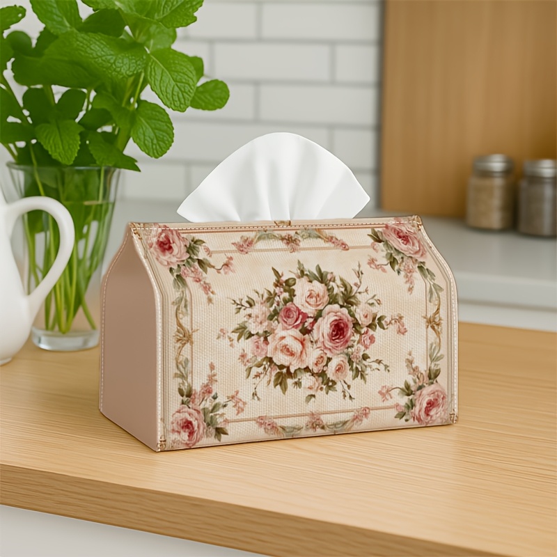 TEMU 1pc 2d Flat Printing Tissue Holder- Rectangular, Vintage - Rose Decorative Border, Decoration For Living Room, Bedroom, Kitchen| Perfect Gift,