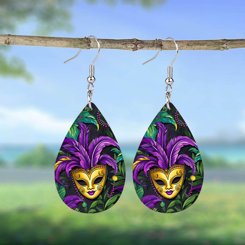 

1 Pair Mardi Gras Carnival Drop Earrings - Leather Purple, Golden, Printed Fashion Jewelry For Women, Party And Birthday Gifts