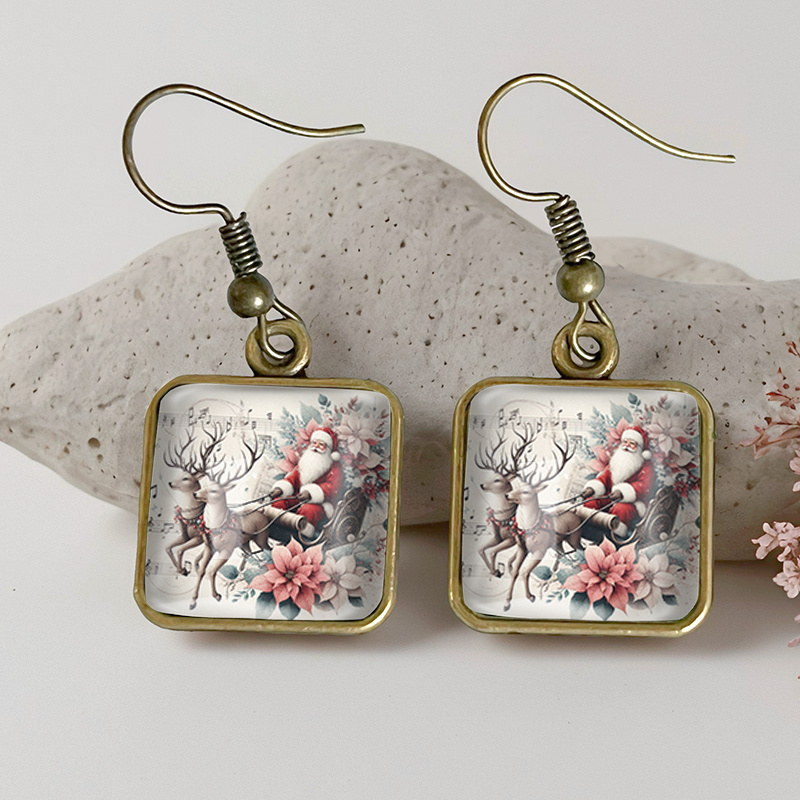 TEMU 1 Pair Santa Sleigh Reindeer Square Earring Retro Glass Dangle Earrings Handmade Jewelry Gift
