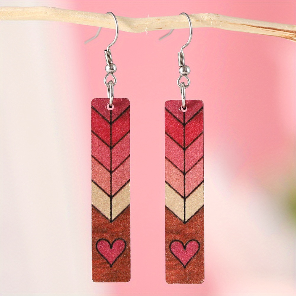 

Valentine's Day Love Heart & Arrow Wooden Dangle Earrings - Stainless Steel Hooks, Vintage-inspired Fashion Jewelry For Women