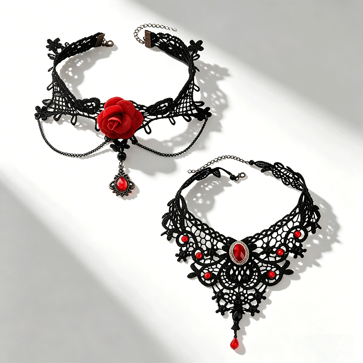 TEMU 2pcs Women's Vintage Elegant Versatile Gothic Dark Style Red Rose Flower Black Openwork Lace Necklace Set, Suitable For Daily Wear, Parties,