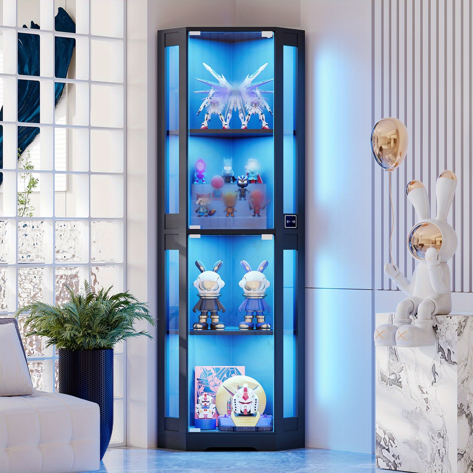 Image of 1pc Glass Bookshelf Black - 4-tier Display Storage Cabinet With Tricolor Led Lights & Motion Sensor - Modern Curved Bookcase For Books Files Trophies Figures In Living Room Office