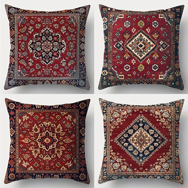 TEMU 4pcs Bohemian Style Pillow Covers With Persian Floral Patterns, Intricate Design In Red-brown Tones, Luxurious And Elegant, Zipper Closure,