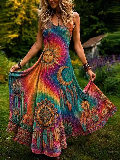ow print cami maxi dress v neck waisted hippie ethnic boho beach sundress for women summer 2026