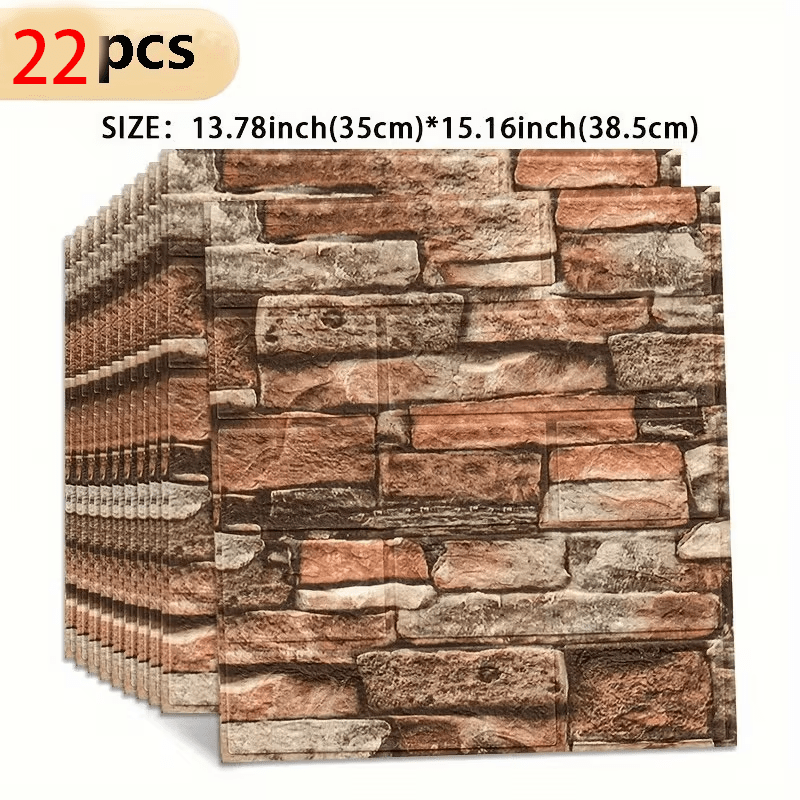 TEMU 22pcs Set Of 3d Brick Wall Stickers - Waterproof Self-adhesive Wall Stickers, Featuring Realistic Brick And Wood Grain Designs, Suitable For