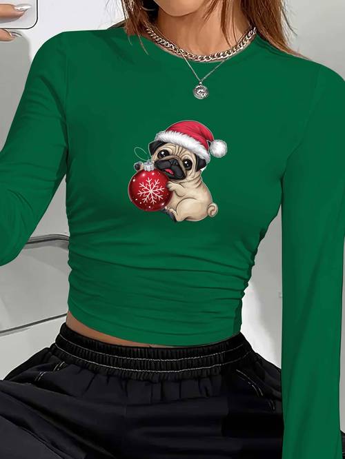 womens y2k pug with santa hat long sleeve shirt cute pug dog pug blouse round neck medium elastic washable y2k