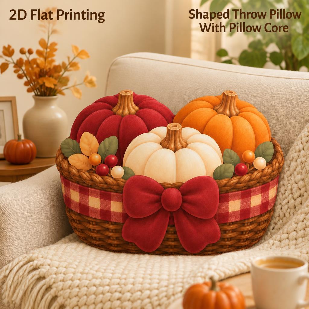 TEMU Panier de récolte d'automne de citrouille avec nœud en carreaux rouges et coussin décoratif rembourré 2D imprimé, parfait pour canapé, chambre à