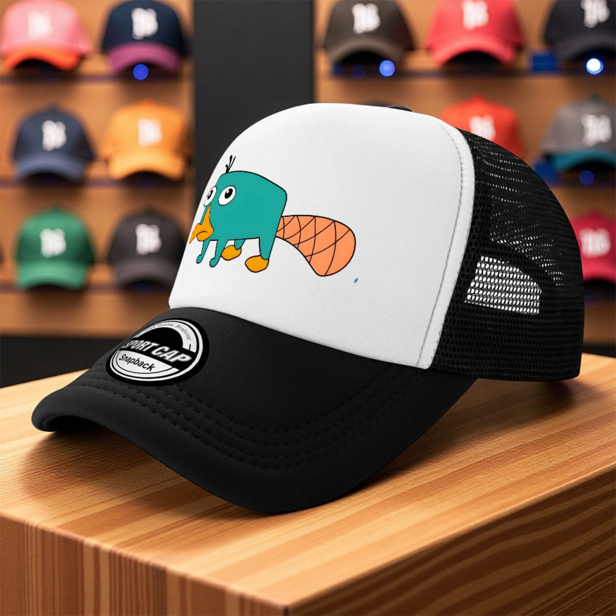 TEMU 1pc With The Platypus Print Trendy Quality Mesh Fabric For Daily Wear Trucker Hat Baseball Cap Fishing Hat Golf Hat