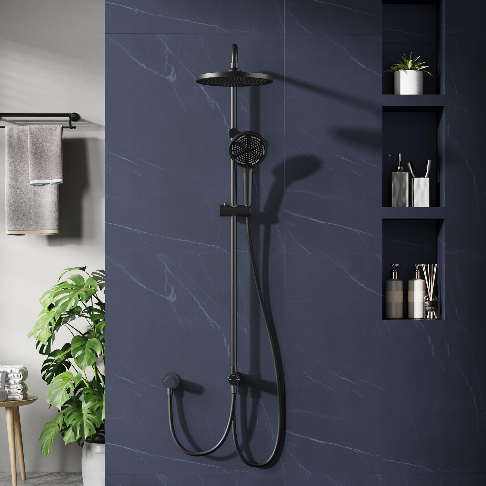 Modern Rainfall Shower System with Stainless Steel Overhead and Handheld Shower Heads