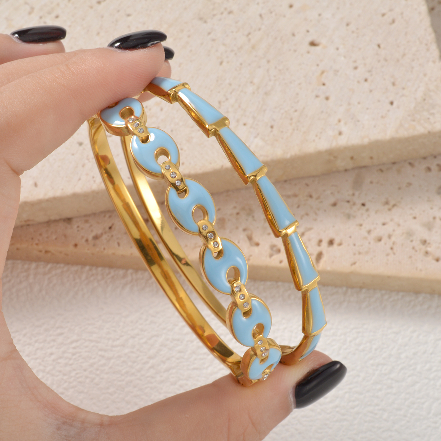 18K Gold Plated Sky Blue Enamel Bangle Bracelet, Stylish Gift