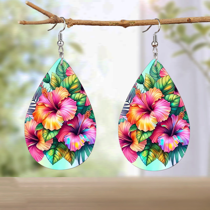 Simple Painting Green Leaf Flower Pattern PU Earrings
