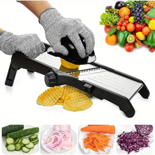 adjustable mandoline slicer with cut resistant gloves 4 blade stainless steel vegetable cutter for thin julienne vegetable slicer waffle anti slip handle blade design easy clean stainless steel blades lfgb