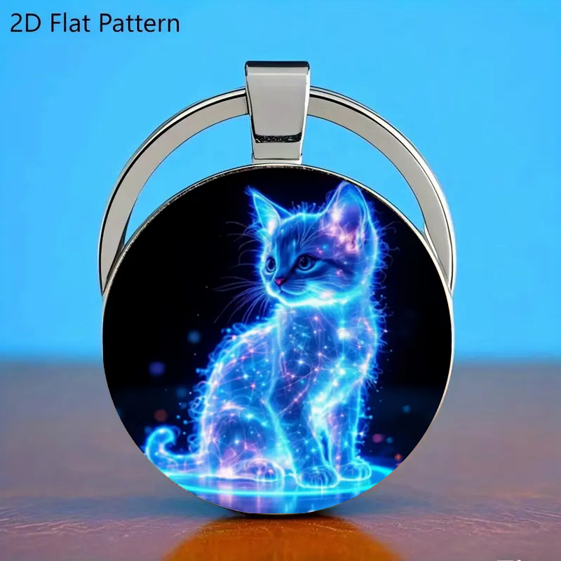 1 -the-dark Non-luminous Cat Pattern Keychain - Blue Kitten With Stars Pattern - Perfect Gift For Cat Lovers, Birthdays, Christmas, Valentine's Day - Cat-themed Gift, , Vibrant Artwork