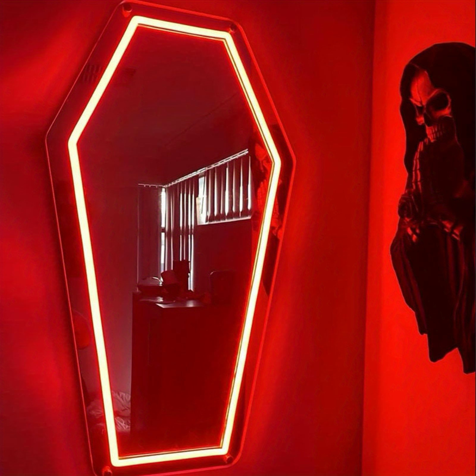 

1pc Chu Unique Coffin-shaped Neon Light Mirror, Usb Powered With Switch, Touch And Switch Control, Wall-mounted Plastic Neon Sign For Bedroom, Studio, And Party Decor