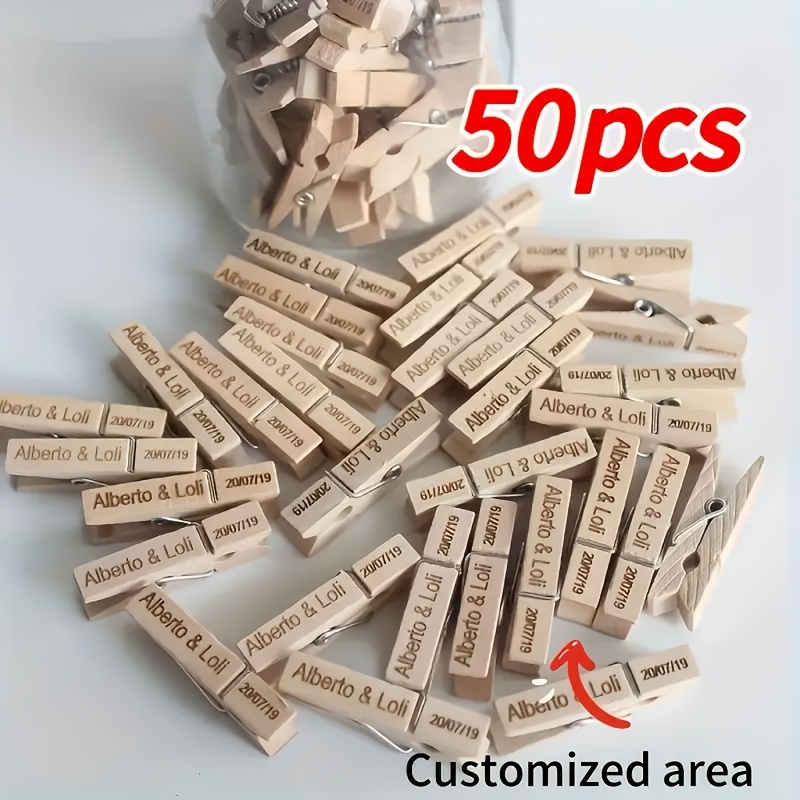 TEMU Pinces à linge en bois personnalisées - 50 pièces - Pinces de mariage, décorations de nom personnalisées, articles de rangement, ajouts, pinces