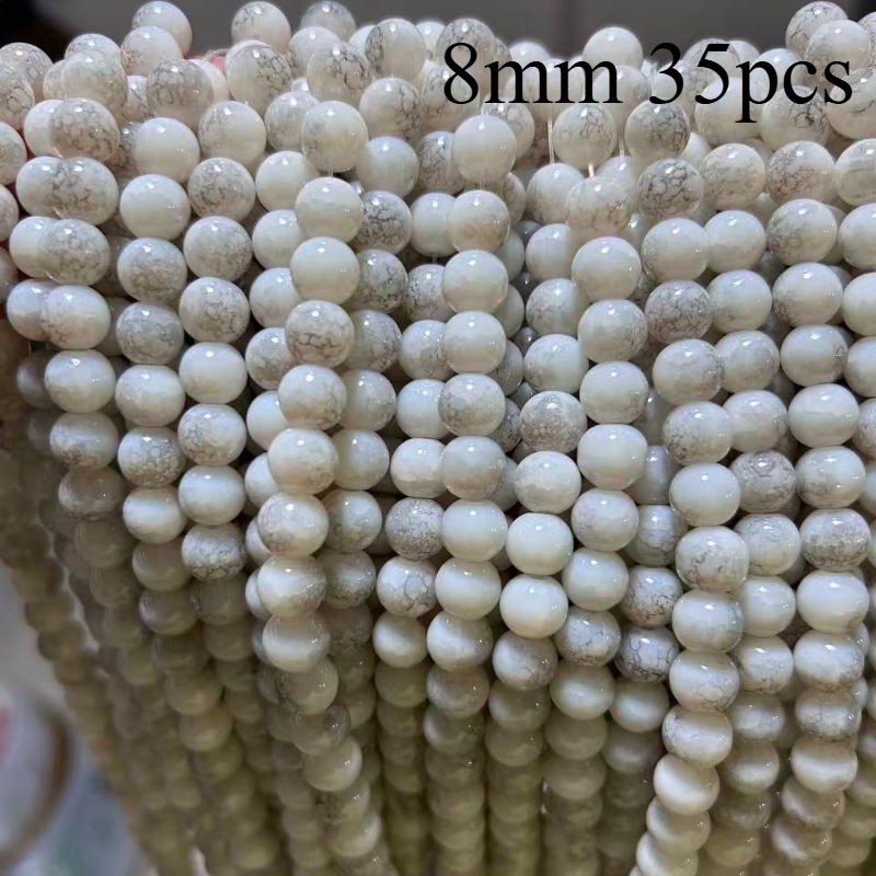 TEMU 35pcs Perles en Verre Veiné Blanc Brillant et de 8mm - Texture Lisse à Effet de , Convient pour la Fabrication de Bijoux DIY, Bracelets, ,