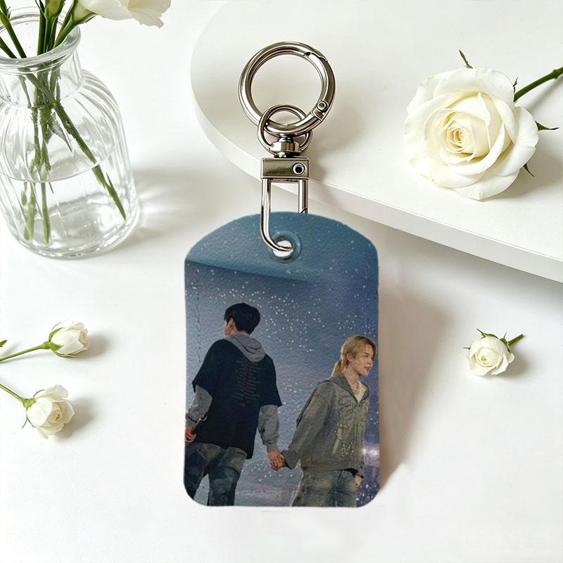 TEMU K-pop Jk&jm Id Card Holder, 1pc Artificial Card Case, Romantic Couple Photo Keychain With White Roses & , Fashionable Accessory For Daily Use,