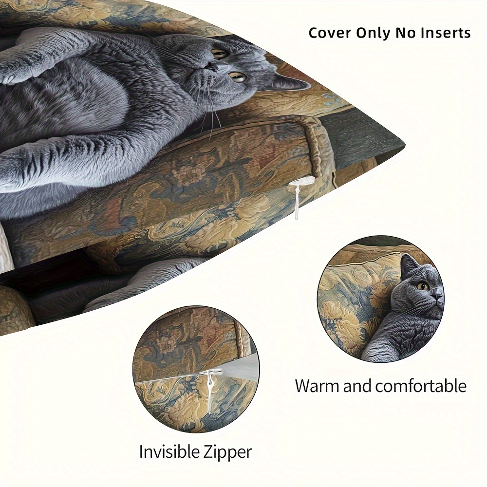 1pc british shorthair cat cushion cover gray dual sided printed pillow case with zipper closure soft decorative pillowcase for sofa living room bedroom   home decor gift vintage aesthetic   fabric interior design fans Product details 5