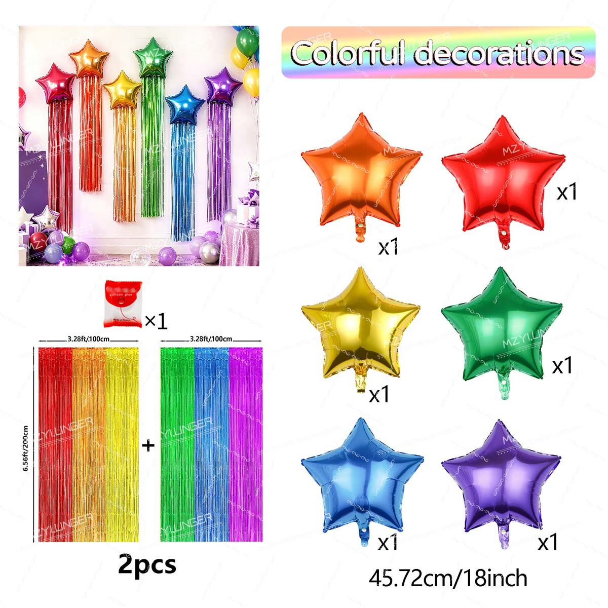 Image of 9pcs Set Of Colored Star-shaped Balloons With Streamers, Including , Suitable For Birthday Parties, Showers, Weddings, Anniversaries, Graduations, And Indoor Event Celebration Decorations