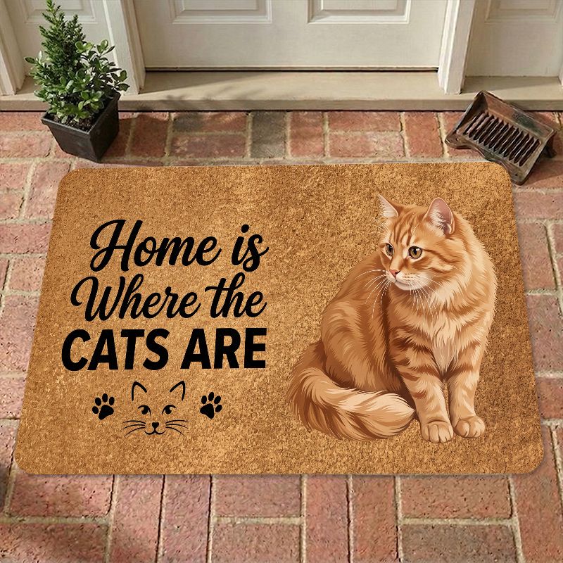 TEMU 1pc Non-slip Thick Flannel Suitable For Homes With Cats - Carpet With Backing, Warm Brown Wood Grain & Orange-white Cat Pattern, Hand Washable