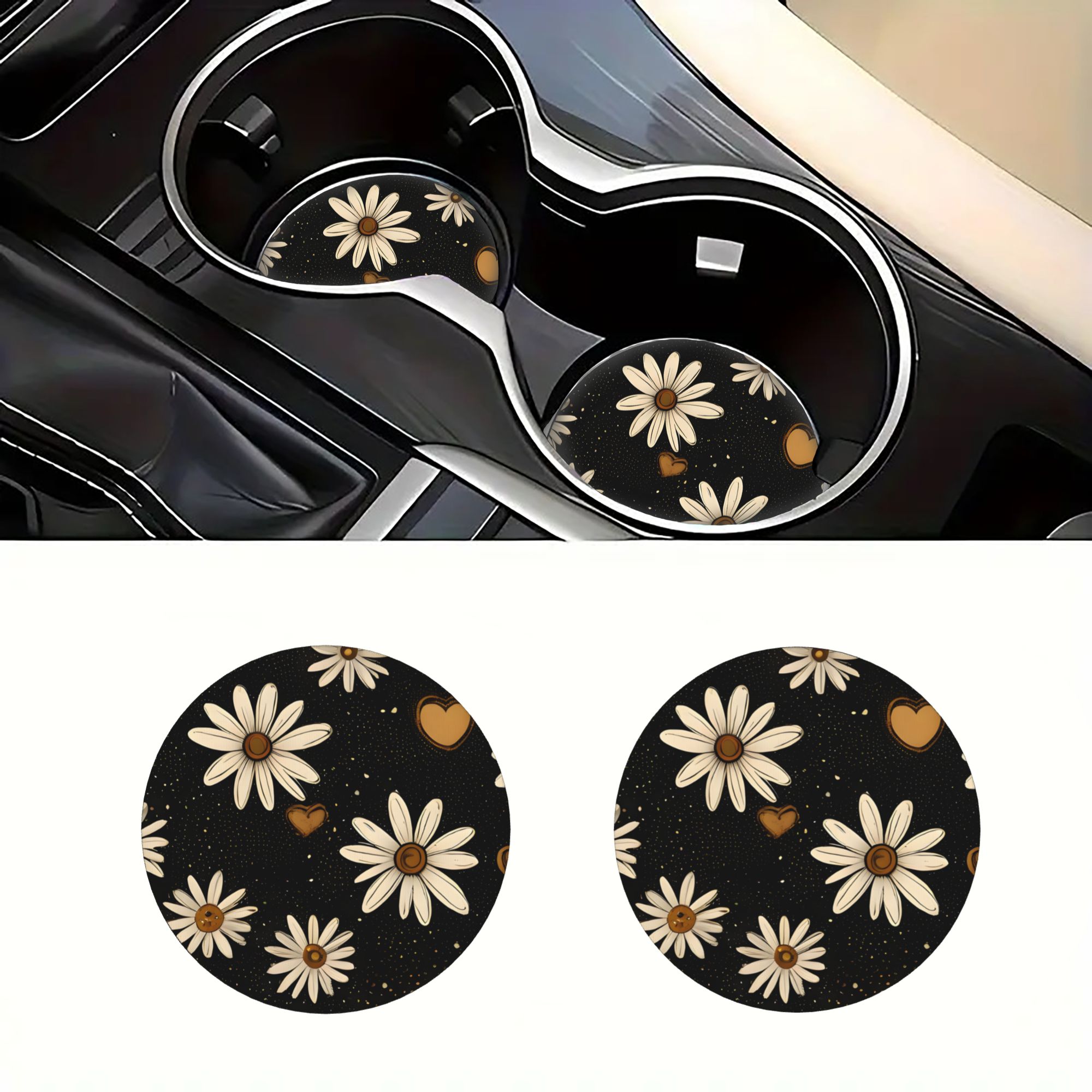 TEMU Set Of 2 Car Cup Coasters Featuring A Daisy Design, Made Of Eva And Suitable For Various Surfaces In Vehicles And At Home, Compatible With Most