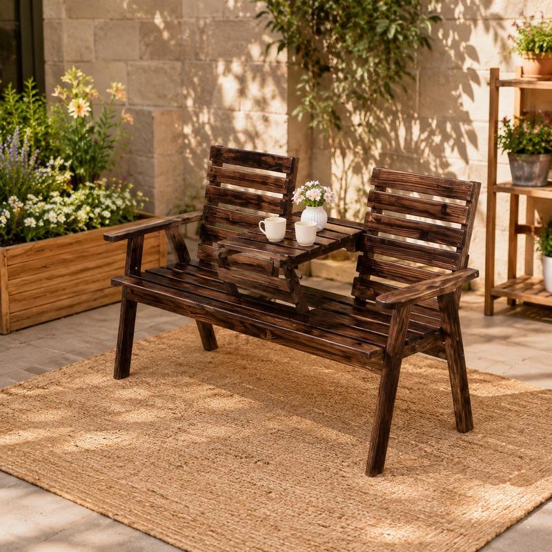 141cm Garden Bench With Folding Center Table, Solid Fir Wood Outdoor Patio Seating For 2-3 People, 300kg Load Capacity, Wide Armrest Slatted Design For Porch Backyard
