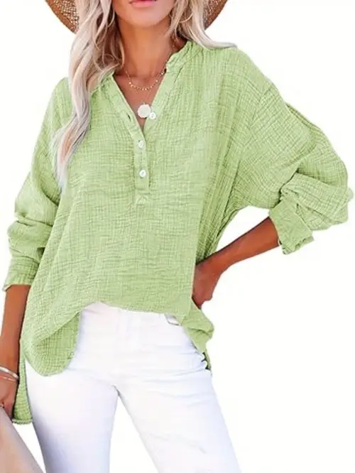 womens casual button v neck long sleeve shirt oversized solid color top