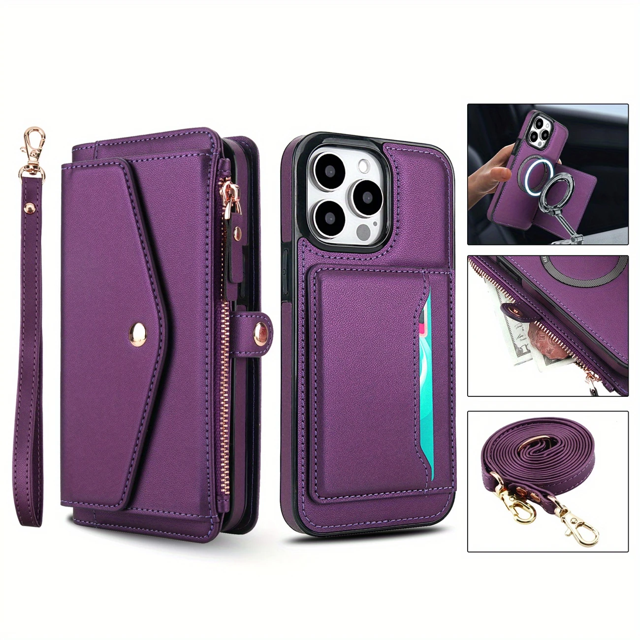 for iphone 16e 16 15 14 11 pro xs xr xs max se 2022 7 8 plus wallet case for women support wireless charging with rfid blocking card holder wallet detachable magnetic phone case crossbody strap details 9