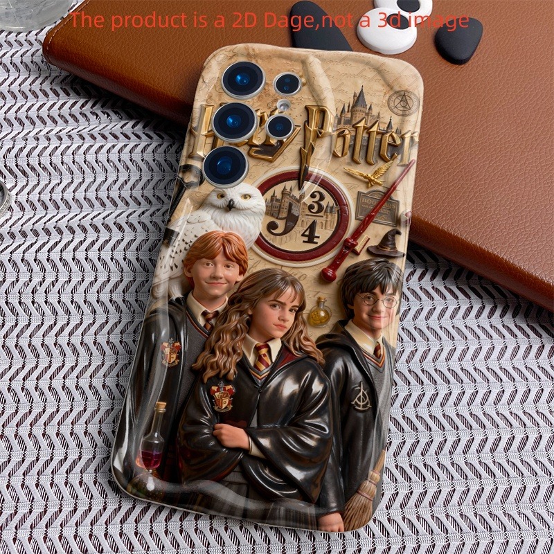 TEMU Phone Case: Wb Harry Potter 2d Anti-fall Case With Harry Ron Hermione 3d Statue & Vintage Paper Design Compatible With Galaxy