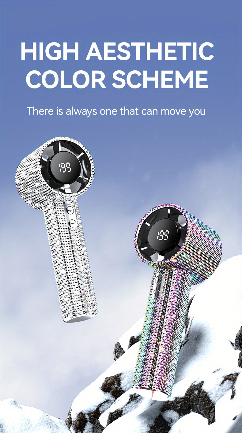 Diamond-Style Handheld Fan, Portable Hand Fan, Adorned with Sparkling Faux Diamonds, High-Speed Fan with 199 Adjustable Speed Settings, Featuring a Digital Display, USB Rechargeable, Exquisite Long-Lasting Battery Life, Available in Two Colors