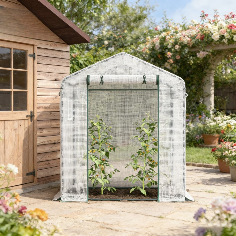 Greenhouse With Window And Pe Grid Film, 200 X 68 X 196cm For Vegetables, Flowers And Plants, White