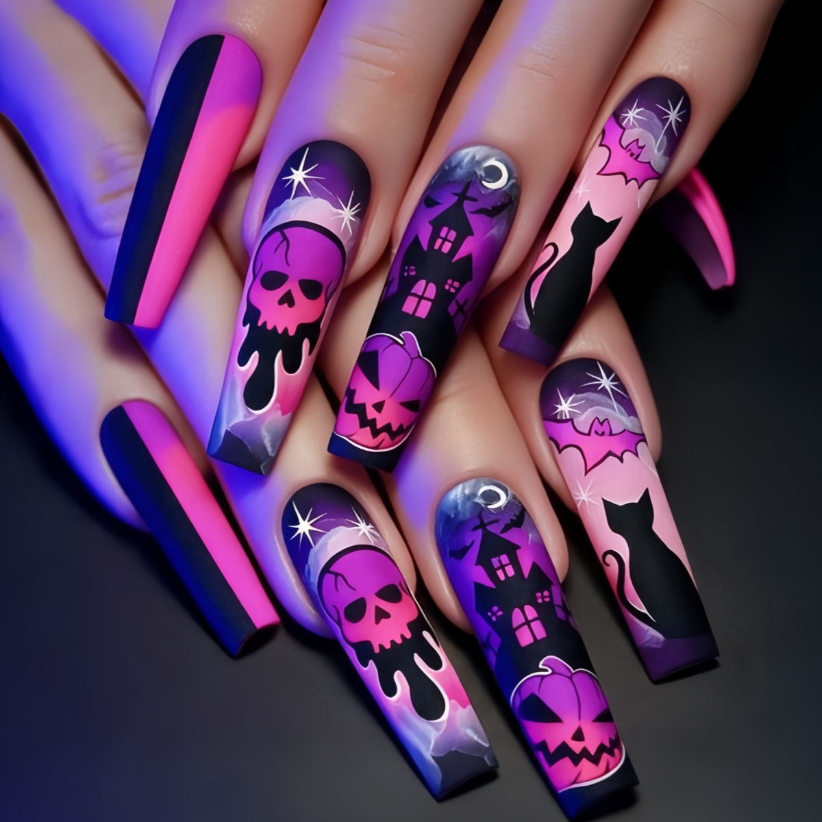 TEMU 24pcs Black Cat Haunted House Bat Pumpkin Sweet Cool Girly Halloween Fake Nails Gradient Matte Long Square Wearable Nails Detachable Fake Nails