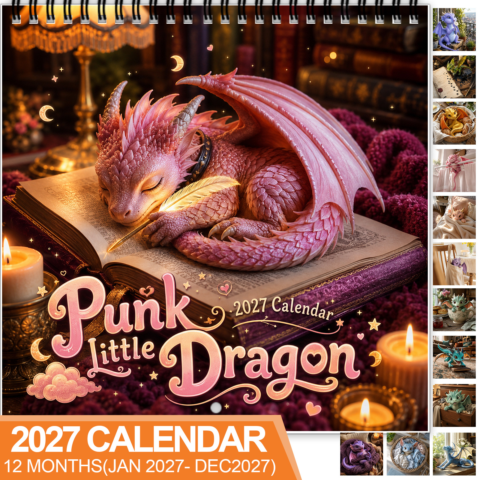 TEMU 2027 Punk Wall Calendar, Spiral-bound 12-month Monthly Planner With Thick Paper & Marked Holidays, Fantasy Dragons For Halloween & Christmas,