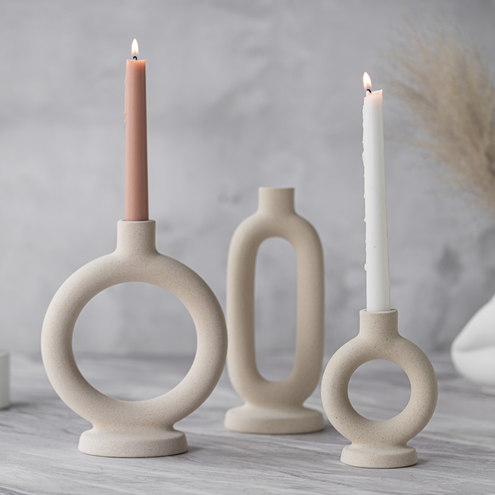 1pc Elegant Ceramic Candle Holder - Modern Minimalist Tabletop Decor with Open Circle Design, Beige/Neutral Tones for Dining Room, Living Room, Office - Durable Ceramic Construction, Compatible with Real or Electronic Candles - Home Decoration Cente