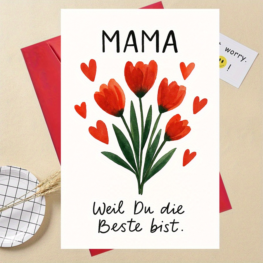 E-shop Ein ideales Einzelgeschenk: Diese wunderschöne Mama-Grußkarte, geschmückt mit roten Blumen und Herzen, ist , um Liebe und Dankbarkeit zum