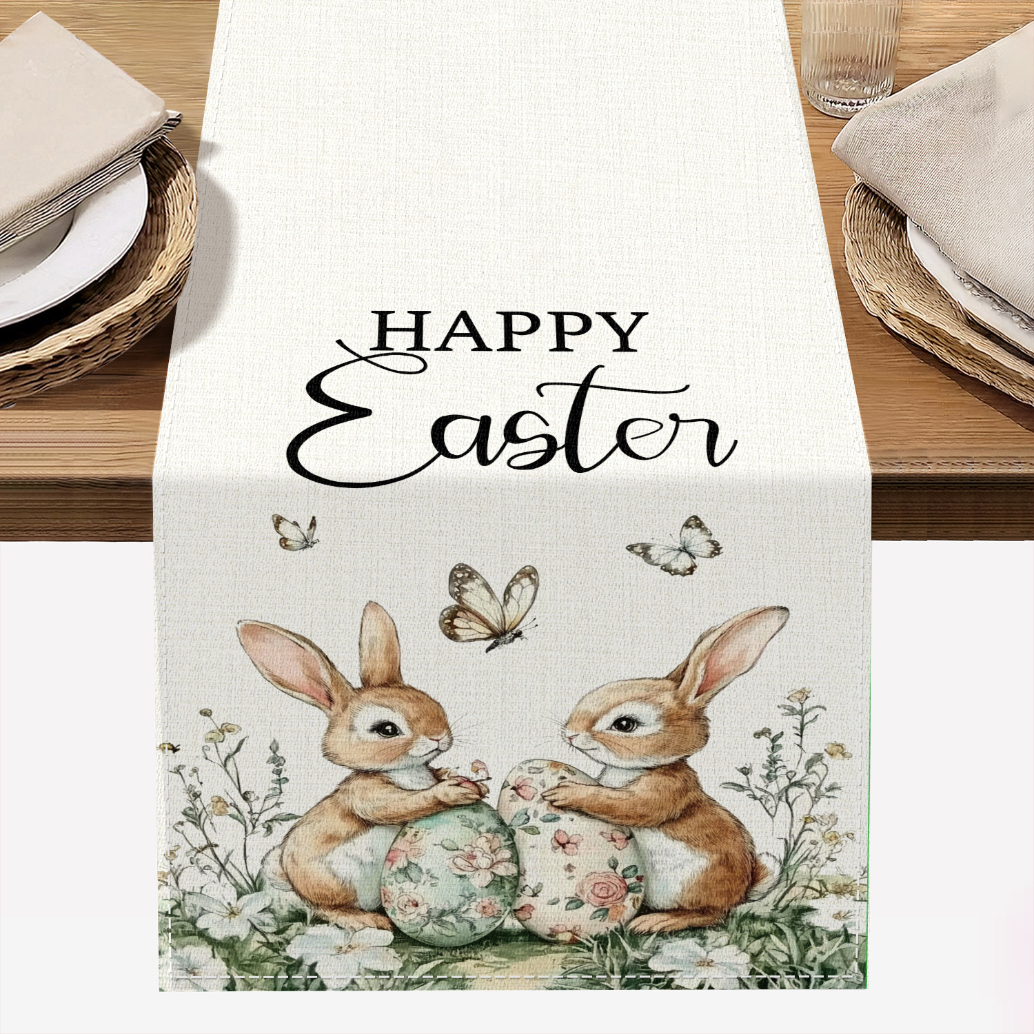 

1pc Easter Bunny Polyester Table Runner - 72" Machine Made Knitted Fabric, No Electricity Or Battery Needed, Spring & , Home & Holiday Table Decor, Gift Idea