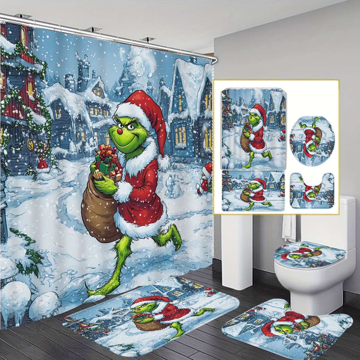 

Christmas Decoration 1/4pcs Shower Curtain Set 12 , Shower Curtain, Bath Mat, And U-shaped Rug, Bathroom Decoration Set