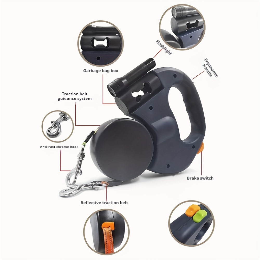 1pc double ended anti   dog leash retractable   with pick up bag storage   rotation anti   pet outing traction rope suitable for   families outdoor walking dogs enhancing the   dog walking equipment multi   automatic leash 5