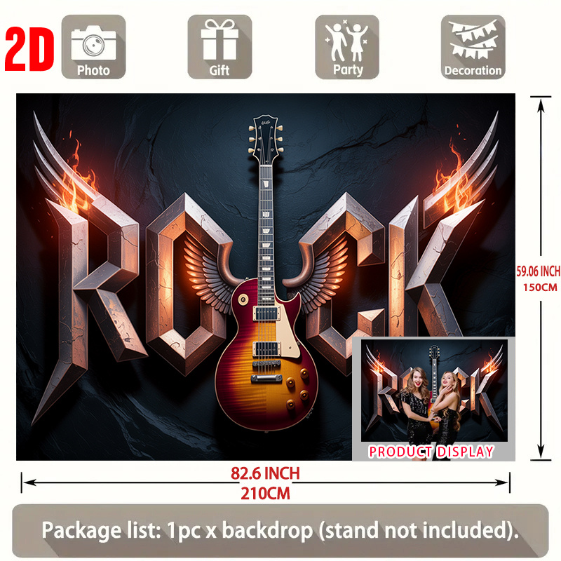 TEMU 2d Flat, 1pc Hanging Banner With Rock Guitar & Design - Rock Music Themed Backdrop Suitable For, Party Supplies, Room Decoration, Gift For