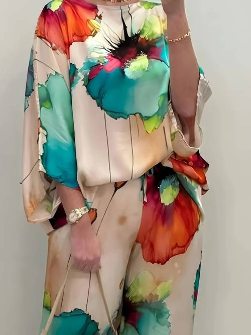 womens elegant floral print satin two piece set round neck top and wide leg pants