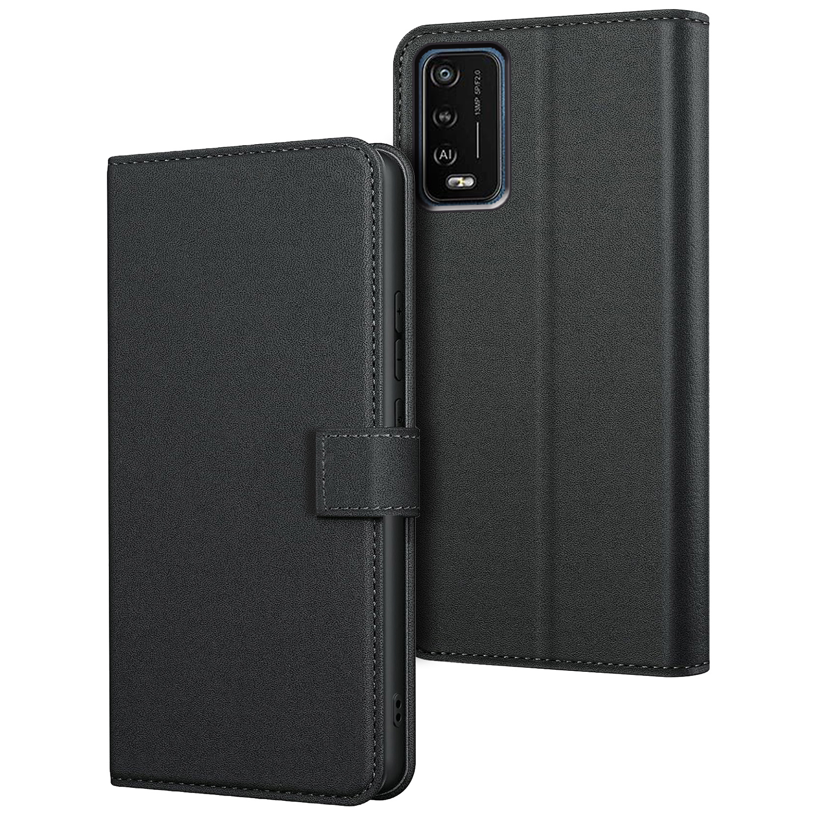 TEMU Coque de téléphone - Étui de protection pour Wiko Power U10 / U20, avec support, fente pour carte et en similicuir noir, design portefeuille