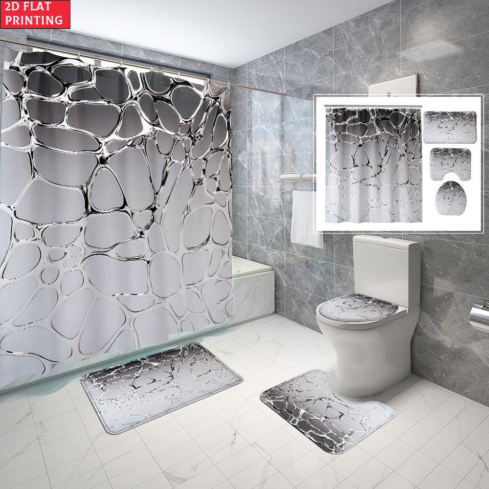 4pcs Silver Textured Pattern Shower Curtain Set with Bath Rug