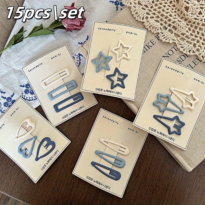 15pcs Matte Gray-blue Hair Clips Suitable For Y2k Style - Cute Star, Water Drop, & Five-pointed Shapes, Smooth Non-slip Clips For Braids, Ponytails, Buns - Durable Hair Accessories For,, Weddings &