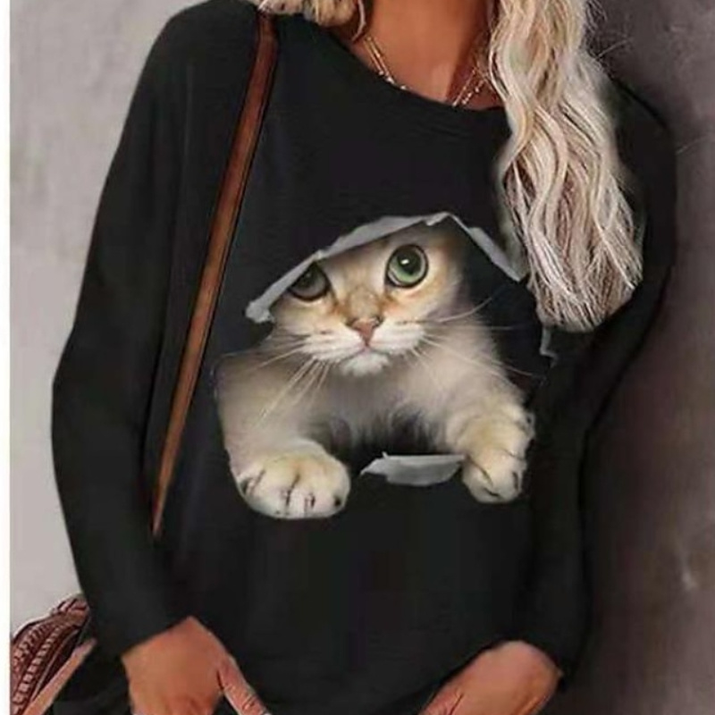 

Women's Soft & Comfortable Cat Print Long Sleeve Crew Neck T-shirt - Lightweight Polyester, Machine Washable, Casual Spring/fall Wear With Kitten Design, Clothing | Cat Graphic Tee | Polyester Fabric